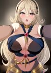 1girl 1girl 1girl alluring alternate_costume bare_midriff big_breasts blonde_hair breasts cleavage corrin_(fire_emblem) corrin_(fire_emblem)_(female) cosplay dancer dorothea_arnault_(cosplay) female_only fire_emblem fire_emblem_fates fire_emblem_heroes hair_between_eyes hairband hugging incoming_hug indoors long_hair looking_at_viewer midriff nintendo open_mouth pelvic_curtain plegian pointy_ears pov_hug reaching_out reaching_towards_viewer tara_(szzj7733) very_long_hair