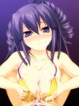  1girl bare_shoulders beatmania beatmania_iidx bikini bikini_top blush breasts censored collarbone cum cum_on_body cum_on_breasts cum_on_upper_body curls curly_hair drill_hair facial female fingernails head_tilt hifumi highres kinoshita_ichi large_breasts long_hair looking_at_viewer nipples paizuri penis pov pov_eye_contact purple_background purple_eyes purple_hair simple_background smile solo_focus swimsuit twintails umegiri_hifumi 