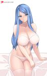  1girl alluring bare_thighs big_breasts blue_eyes blue_hair bra breasts cleavage female_only fire_emblem fire_emblem_engage hayato_stuff lingerie long_hair looking_at_viewer lumera_(fire_emblem) milf nintendo panties sitting smile stockings thighs underwear white_panties 