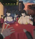 1boy 2_girls black_eyes black_hair breast_rest breasts breasts_on_table choker cleavage clothed cocktail_dress dialogue dress huge_breasts looking_at_viewer multiple_girls nervous phone pov public restaurant teasing text