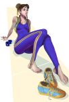  1girl alternate_costume barefoot bodystocking breasts brown_eyes brown_hair chun-li double_bun erufan feet female hair_ribbon nose ribbon shoes shoes_removed short_hair sitting sleeveless sneakers solo street_fighter street_fighter_zero studded_bracelet toeless_legwear toes unitard vest 