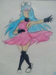  1girl animal_ears blue_hair chessivt closed_eyes fanart female_only long_hair owozu traditional_media traditional_media_(artwork) vtuber 