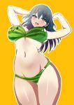  &gt;_o 1girl 1girl 1girl ;) alluring alternate_costume bare_thighs big_breasts bikini blue_eyes breasts byleth_(fire_emblem) byleth_(fire_emblem)_(female) female_only fire_emblem fire_emblem:_three_houses green_bikini green_swimsuit long_hair looking_at_viewer nintendo open_mouth smile suika_game swimsuit tara_(szzj7733) teal_hair thighs watermelon watermelon_print wink yellow_background 