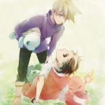 2boys baseball_cap black_eyes black_hair boots brown_eyes brown_hair bulbasaur carrying charmander closed_eyes grass hair hat headgear headwear_removed holding ichiko365 jewelry lying male male_focus multiple_boys necklace ookido_green pokemon pokemon_(game) pokemon_rgby red_(pokemon) red_(pokemon)_(classic) squirtle