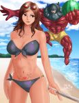  1boy 1girl 2017 abs athletic_female bandai_namco beach big_breasts bikini black_bikini black_eyes breasts brown_hair cleavage closed_mouth dated day eyewear_on_head female_abs fighting_game fit_female food front-tie_bikini_top front-tie_top fruit gigas gigas_(tekken) high_res katarina_alves licking_lips lips long_hair namco namco_bandai navel oreoreon pixiv pubic_tattoo solo_focus standing sunglasses swimsuit tattoo tekken tekken_7 tongue tongue_out water watermelon 