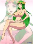  1girl alluring artist_name bare_legs big_breasts bikini breasts close-up_background female_only green_eyes green_hair kid_icarus layerth nintendo palutena tagme under_boob watermark yellow_bikini 