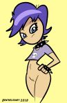 1girl 2018 ass_grab benthelooney blue_eyes blue_hair blue_shirt cartoon_network closed_mouth hi_hi_puffy_amiyumi looking_at_viewer navel no_panties pussy sexy sexy_body skull yumi_yoshimura