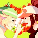 2girls artist_request baseball_cap bel_(pokemon) beret blonde_hair brown_hair closed_eyes feeding food fruit green_eyes hair hat headgear heart multiple_girls pokemon pokemon_(game) pokemon_bw profile strawberry touko_(pokemon) yuri