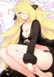 1girl bed blonde_hair breasts cleavage creatures_(company) crying cynthia_(pokemon) game_freak gum_(gmng) gumidemo_kandero hair_ornament hair_over_one_eye highres huge_breasts humans_of_pokemon jam_(pixiv172700) jam_(pixiv219454) knees large_breasts legs lips long_hair lying navel nintendo panties petals pillow pokemon pokemon_(anime) pokemon_black_2_&_white_2 pokemon_black_and_white pokemon_bw pokemon_bw2 pokemon_diamond_pearl_&_platinum pokemon_dppt purple_eyes sad shirona_(pokemon) solo tears underwear very_long_hair