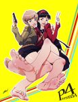  2_girls amagi_yukiko atlus barefoot black_hair chie_satonaka dark_hair feet female hairband long_hair multiple_girls persona persona_4 pov_feet satonaka_chie scamwich short_hair soles toes v yukiko_amagi 