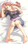  1girl anjou_naruko ano_hi_mita_hana_no_namae_wo_bokutachi_wa_mada_shiranai. ayano_naoto bare_shoulders barefoot bed bed_sheet blush brown_eyes brown_hair casual feet female female_only foreshortening game_boy_advance_sp hair_twirling handheld_game_console holding lying nail_polish nintendo_ds off_shoulder on_back pillow shirt shorts soles solo_female t-shirt toenail_polish toes twin_tails 