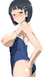 1girl adjusting_clothes adjusting_swimsuit bangs black_eyes black_hair blunt_bangs blush breasts breasts_outside competition_school_swimsuit female from_side hair_ornament hairclip kiiro_no_nantoka kirigaya_suguha large_breasts looking_at_viewer nipples one-piece_swimsuit school_swimsuit short_hair side simple_background solo standing swimsuit swimsuit_pull sword_art_online white_background