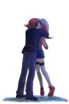 1boy 1girl art brown_hair cabbie_hat couple hat hetero hugging kotone_(pokemon) long_hair low_twintails lyra lyra_(pokemon) nintendo pants pokemon pokemon_(game) pokemon_gsc pokemon_heartgold_and_soulsilver pokemon_hgss red_hair shoes short_hair silver_(pokemon) standing stockings white_legwear