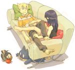  1boy 1girl artist_request barefoot couch couple feet hetero hikari_(pokemon) jun_(pokemon) lying munchlax on_back pearl_(pokemon) pillow platinum_berlitz pokemon pokemon_(game) pokemon_dppt simple_background starly white_background 