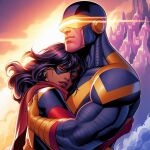  1boy 1girl age_difference ai_generated brown_eyes brown_skin cyclops_(x-men) dark-skinned_female eyemask hetero hugging kamala_khan light-skinned_male long_hair marvel marvel_comics ms._marvel muscular_male muslim_female older_male scarf scott_summers size_difference superhero superheroine x-men younger_female 