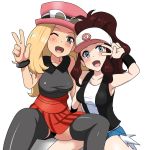  2_girls 2girls alluring arm arm_support armpits arms art babe bare_legs bare_shoulders baseball_cap black_legwear black_panties black_shirt black_thighhighs blonde blonde_hair blue_eyes blush bracelet breasts brown_hair collarbone collared_shirt crossover denim denim_shorts fang female girl_on_top grey_eyes happy hat head_tilt high_res highres legs legwear multiple_girls neck nintendo open_mouth panties pantyshot pantyshot_(sitting) pokemon pokemon_(game) pokemon_black_and_white pokemon_bw pokemon_xy ponytail red_skirt saka_i_hirokadu serena_(pokemon) shiny shiny_hair shirt short_shorts shorts simple_background sitting sitting_on_person skirt sleeveless sleeveless_shirt smile spread_legs sunglasses sunglasses_on_head thighhighs thighs touko_(pokemon) underwear v vest waistcoat white_background white_shirt wink wristband yuri 