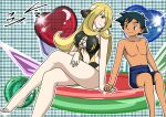  1boy 1girl ash_ketchum bikini black_hair blonde_hair blue_eyes brown_eyes cynthia cynthia_(pokemon) nintendo pokemon pokemon_(anime) shirona_(pokemon) swimming_trunks yxyyxy 