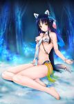 1girl animal_ears armor bad_id barefoot bikini_armor blue_hair bow breasts facial_mark feet female fingernails fox_ears fox_tail hair_ornament lips long_hair nail_polish original sayika sharp_toenails sitting solo tail toenail_polish tree very_long_hair yellow_eyes yokozuwari