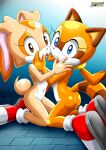  2_girls anthro ass bbmbbf blue_eyes brown_eyes cream_the_rabbit cub female_focus female_only furry furry_female kneel looking_at_viewer marine_the_raccoon mobius_unleashed nude open_mouth palcomix sega shoes sonic sonic_the_hedgehog_(series) tongue tongue_out yuri 