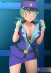  1girl alluring big_breasts black_bra bra bra_peek cleavage green_hair looking_at_viewer officer_jenny officer_jenny_(pokemon) pokemon pokemon_(anime) pokemon_rgby police police_officer police_uniform skirt undressing zel-sama 