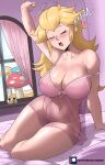  1girl 1girl absurd_res alluring big_breasts blonde_hair blush bracleavage closed_eyes echo_saber high_res indoors lingerie long_hair mario_(series) messy_hair mushroom navel nintendo open_mouth panties princess_peach see-through sleepy super_mario_bros. thick_thighs thighs underwear waking_up window 