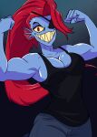  1girl 2010s 2018 2d 2d_(artwork) anthro anthro_only black_tank_top blue_body blue_skin breasts cleavage dark_background deviantart digital_media_(artwork) ear_fins eyepatch female_anthro female_only fins fish fish_girl flexing grin hair head_fins hellonearth-iii long_hair looking_at_viewer marine medium_breasts monster monster_girl muscle muscular muscular_anthro muscular_female non-mammal_breasts ponytail red_eyes red_hair red_ponytail sharp_teeth simple_background slit_pupils solo_anthro solo_female tank_top teeth undertale undertale_(series) undyne video_game_character video_games yellow_sclera yellow_teeth 