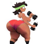  1girl amphibia ass barrybbeesly big_ass bottom_heavy breasts brown_hair crop_top dark-skinned_female dark_skin dat_ass dumbbell dumptruck_ass fat_ass female_only headband huge_ass large_ass milf mrs._boonchuy no_bra oum_boonchuy shorts sideboob sweat thick_ass thick_thighs thunder_thighs weightlifting wide_hips workout 