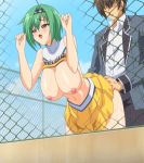 1boy 1girl aiba_matsuri animated anime artist_request big_breasts blush bouncing_breasts breasts brown_eyes chain-link_fence cheerleader covering day doggy_position female female_focus fence gif green_hair hair hentai hetero huge_breasts loop lowres male massive_breasts nipples open_mouth oppai_heart outside roof sex shirt_lift skirt_lift smile smiling solo_focus yellow_clothes yellow_shirt yellow_skirt