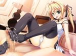 bed blonde_hair censored character_request cum cum_on_clothes feet female footjob game_cg green_eyes kamiyama_reika kourin_no_machi_lavender_no_shoujo open_mouth panties penis ribbon source_request stockings thighhighs twintails underwear white_panties yuuki_hagure