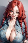  1girl ai_generated braid breasts cleavage cupcakeattack cute denim_clothing female_only freckles freckles_on_breasts glasses green_eyes huge_breasts looking_at_viewer portrait red_hair smile solo_female 