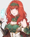  1girl alluring armor armored_dress bare_shoulders black_gloves blush celica celica_(fire_emblem) detached_collar dress elbow_gloves fingerless_gloves fingernails fire_emblem fire_emblem_echoes:_shadows_of_valentia fire_emblem_heroes gloves green_dress green_hairband grey_background hairband high_res long_hair looking_at_viewer magic nintendo official_alternate_costume orange_eyes orange_hair peach11_01 simple_background smile twitter_username two-tone_dress upper_body wavy_hair white_dress 