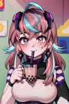  1girl ai_generated beverage breasts bubble_tea drinking emikukis fanart female_only owozu solo_female two_tone_hair vtuber 