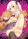  1girl barefoot blush feet female hair_ribbon original panties pantyshot plaid plaid_skirt red_eyes ribbon ryo_(artist) ryo_(botsugo) school_uniform single_thighhigh skirt soles solo stuffed_animal stuffed_toy sweater_vest teddy_bear thighhighs toes underwear upskirt white_hair yellow_panties 