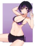  &gt;:) 1girl armpits bikini black_hair blush breasts cleavage closed_mouth fighting_game hair_between_eyes kuronami616 looking_at_viewer multicolored_hair namco navel purple_eyes purple_hair reina reina_(tekken) reina_mishima short_hair shorts simple_background smile swimsuit tekken tekken_8 two-tone_hair v v-shaped_eyebrows white_background 