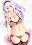  1girl alluring bare_shoulders black_bra black_panties bra breasts cleavage female hairband huge_breasts idolmaster large_breasts long_hair navel nipples panties pubic_hair purple_eyes purple_hair ruschuto see-through shijou_takane side-tie_panties silver_hair solo thighhighs underwear underwear_only voluptuous 