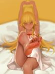  1girl armpits arms_up as109 bakemonogatari barefoot blonde_hair blurry blush depth_of_field dress feet female foreshortening interlocked_fingers legs long_hair long_legs lying monogatari_(series) on_back on_bed oshino_shinobu pillow pov_feet realistic ribbon sitting soles solo stretch toenails toes yellow_eyes 