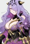 1girl 1girl alluring armor big_breasts breast_strap breasts camilla_(alluring_darkness)_(fire_emblem) camilla_(fire_emblem) cleavage crown dress fake_horns fire_emblem fire_emblem_fates fire_emblem_heroes frilled_dress frills gloves hair_over_one_eye high_res horned_headwear horns long_hair looking_at_viewer nintendo official_alternate_costume peach11_01 purple_dress purple_eyes purple_gloves purple_hair smile tiara very_long_hair wavy_hair