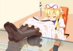 1girl black_legwear blonde_hair blush book chair feet female glass_table iromeki_overdrive nail_polish no_shoes panties panties_under_pantyhose pantyhose pantyshot pantyshot_(sitting) pink_nails reflection sitting sleeping soles solo table toes touhou underwear white_panties yakumo_yukari