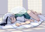  1girl ass barefoot blush drooling feet female hairband iromeki_overdrive konpaku_youmu konpaku_youmu_(ghost) lying panties pantyshot saliva short_hair silver_hair skirt sleeping solo striped striped_panties toes touhou underwear upskirt 