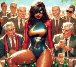  1girl ai_edit ai_generated beach beer_bottle beer_can big_breasts brown_eyes brown_hair brown_skin business_suit businessman dark-skinned_female eyemask interracial kamala_khan kiss_mark light-skinned_male long_hair looking_at_viewer marvel marvel_comics ms._marvel multiple_boys muslim_female pakistani_female scarf sitting_on_table skin_tight skintight_bodysuit superheroine wet_thighs 