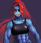  1girl 2010s 2016 2d 2d_(artwork) abs anthro anthro_only artist_name artist_watermark athletic athletic_female black_tank_top blue_body blue_skin breasts deviantart digital_media_(artwork) ear_fins eyepatch female_abs female_anthro female_only fins fish fish_girl grin hair head_fins long_hair looking_at_viewer marine midriff monster monster_girl muscle muscular muscular_anthro muscular_female non-mammal_breasts ponytail red_hair red_ponytail reef1600 sharp_teeth simple_background slit_pupils smirk smirking_at_viewer solid_color_background solo_anthro solo_female tank_top teeth undertale undertale_(series) undyne upper_body video_game_character video_games watermark yellow_sclera yellow_teeth 