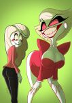  1girl 2_girls 2demons bent_over biting_lip charlie_morningstar_(hazbin_hotel) demon demon_girl demoness fully_clothed grin grin hazbin_hotel huge_ass huge_breasts katie_killjoy_(hazbin_hotel) planz34 smug straight_hair tagme tuxedo vivienne_medrano 