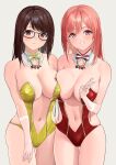 2_girls absurd_res alluring bare_shoulders big_breasts black-framed_eyewear black_hair blush breasts brown_eyes cleavage dead_or_alive dead_or_alive_6 dead_or_alive_xtreme dead_or_alive_xtreme_2 dead_or_alive_xtreme_3_fortune dead_or_alive_xtreme_beach_volleyball dead_or_alive_xtreme_venus_vacation detached_collar elbow_gloves female_only glasses gloves gold_trim grey_background hand_up head_tilt high_res hoki1314 honoka honoka_(doa) leotard multiple_girls navel parted_lips pink_eyes pink_hair red_leotard see-through smile stomach strapless strapless_leotard tecmo thighs tsukushi_(doa) v yellow_leotard