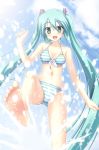 1girl aqua_eyes aqua_hair barefoot bikini fang feet female female_only foreshortening green_eyes kicking long_hair miku_hatsune open_mouth project_diva project_diva_(series) sky skywaker soles solo_female splashing striped swimsuit toes twin_tails very_long_hair vocaloid water