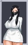  1girl as_nodt big_breasts black_eyes black_hair bleach bleach:_sennen_kessen-hen breasts gothic long_hair mask mature_female miniskirt sexually_suggestive skirt uniform white_skirt za_barro 