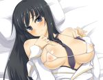 1girl bed bikini_top black_hair blue_eyes blush breasts female frown gokubuto_mayuge hime_cut ikaruga_(senran_kagura) large_breasts long_hair looking_at_viewer lying necktie nipples on_back open_clothes open_shirt pillow see-through senran_kagura senran_kagura_(series) shirt skirt solo standing tears uniform