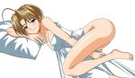  1girl ahoge artist_request ass bed blush bottomless breasts brown_eyes brown_hair feet female konno_mitsune love_hina naked_sheet short_hair skirt skirt_lift smile solo 