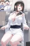  1girl 2boys bare_shoulders bathrobe big_breasts black_hair blush breasts choker cleavage collarbone high_res kfr long_hair long_sleeves multiple_boys off_shoulder one_eye_closed open_mouth original purple_eyes short_hair sitting smile solo_focus sweat thighs 