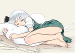  1girl barefoot blush bow feet female hair_bow iromeki_overdrive konpaku_youmu konpaku_youmu_(ghost) pillow pillow_hug short_hair silver_hair sleeping solo toenails toes touhou 