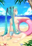 1girl aqua_hair ass barefoot beach bikini feet female hatsune_miku highres innertube long_hair miku_hatsune mvv ocean red_eyes sand shiny shiny_skin sitting sky smile soles solo striped striped_bikini striped_swimsuit swimsuit toes twin_tails very_long_hair vocaloid wariza water